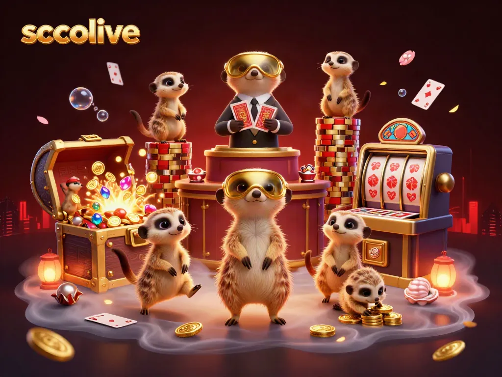 Engaging meerkats manage a vibrant casino scene filled with gold and colorful gems, showcasing socolive's thrill.
