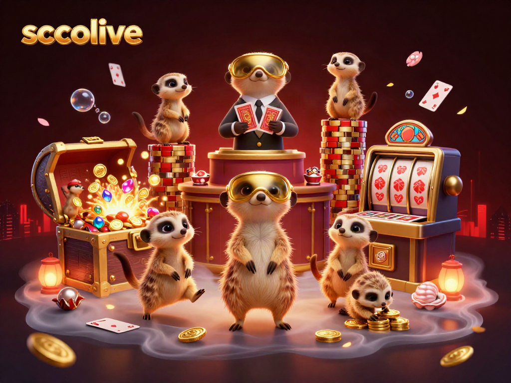 Engaging meerkats manage a vibrant casino scene filled with gold and colorful gems, showcasing socolive's thrill.