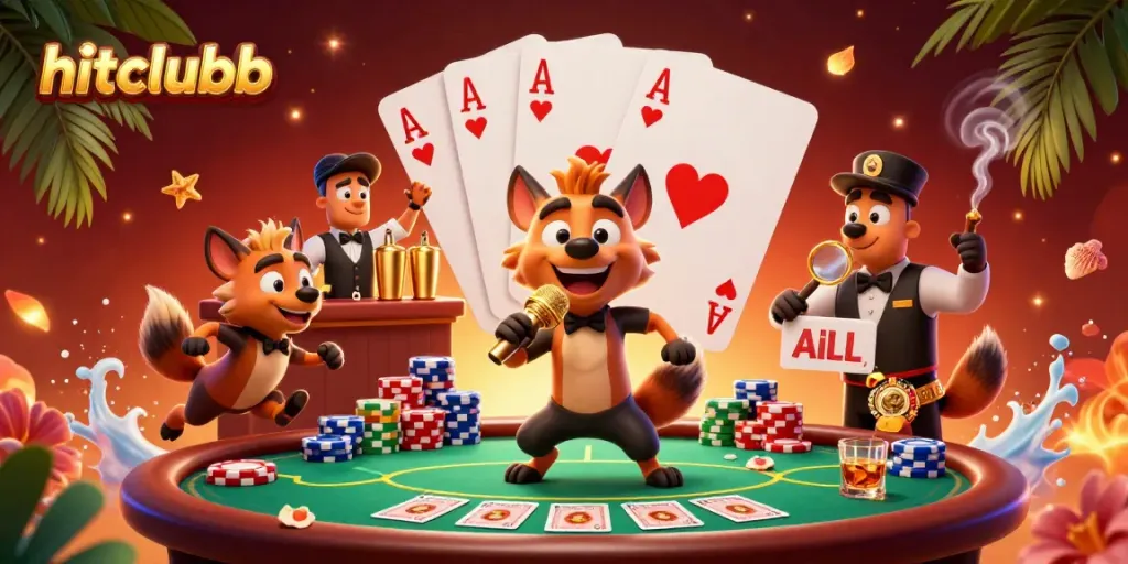 Raise your stakes at hitclubb as hyenas run a vibrant comedy casino with poker tables and golden drinks!