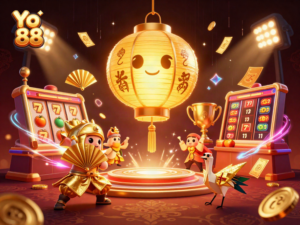 Bet on exciting jackpots at Yo 88 with dynamic 3D casino illustration showcasing games and winning elements.