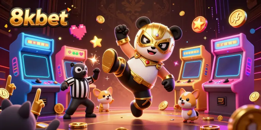 8xbet promotional illustration of a dynamic scene featuring a wrestler panda and referee chihuahua amidst a colorful gaming backdrop.