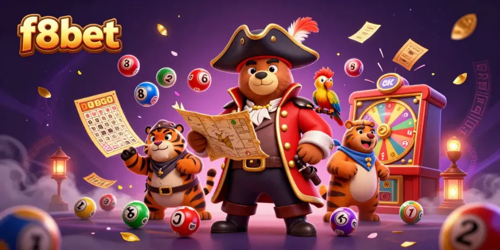 Experience thrilling gaming adventures with f8bet's cartoon pirate scene filled with dynamic casino elements.