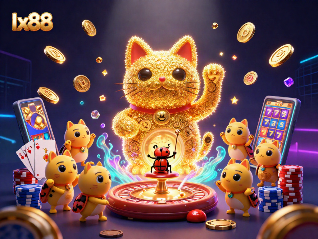 Engage in thrilling casino experiences with lx88 featuring a golden lucky cat made of fireflies.