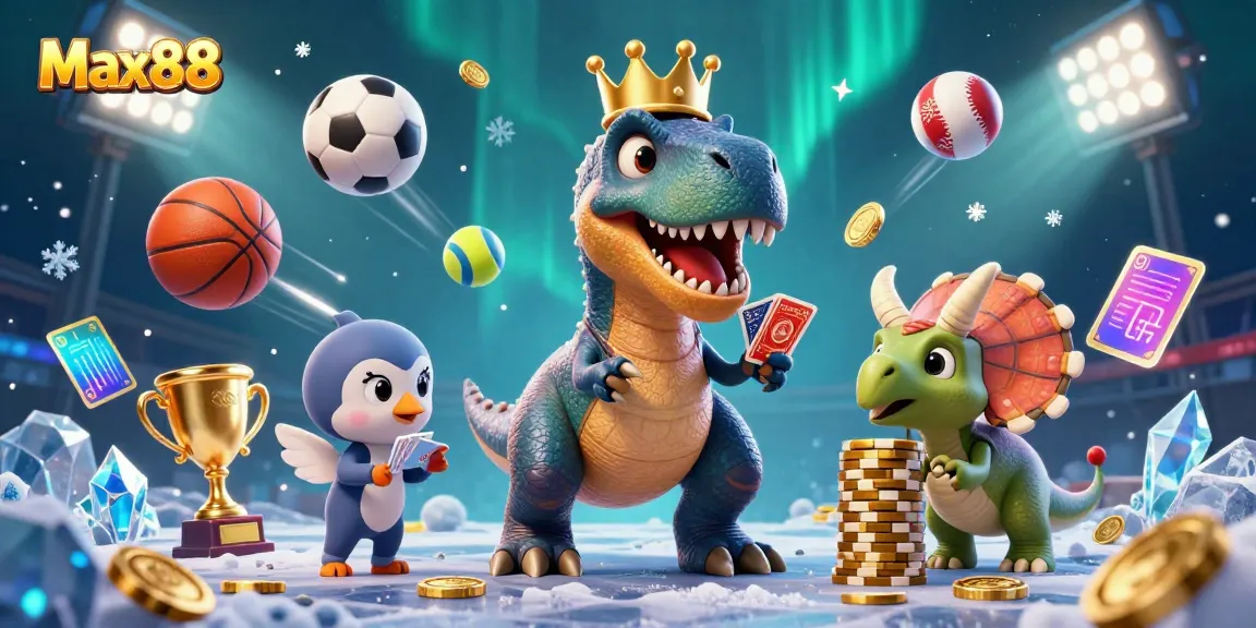 Experience thrilling gameplay with Max88 featuring a T-Rex shuffling cards and a triceratops stacking chips amidst sports elements.