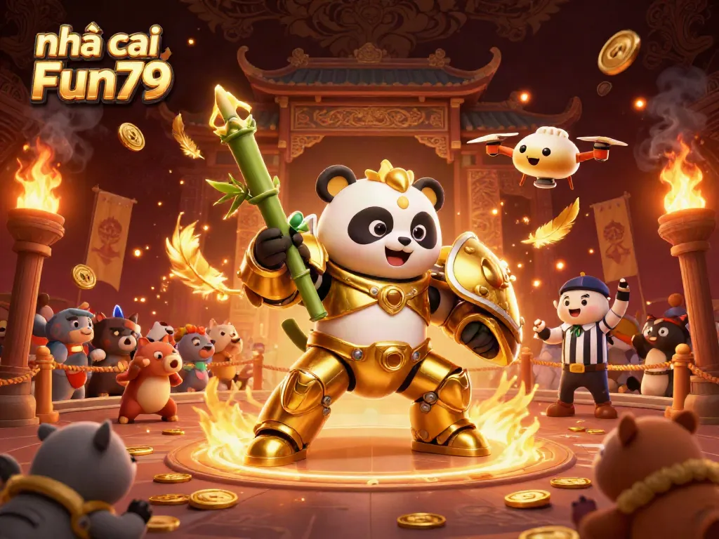 Experience the excitement of nhà cái Fun79 through a vibrant 3D illustration filled with dynamic gambling elements.
