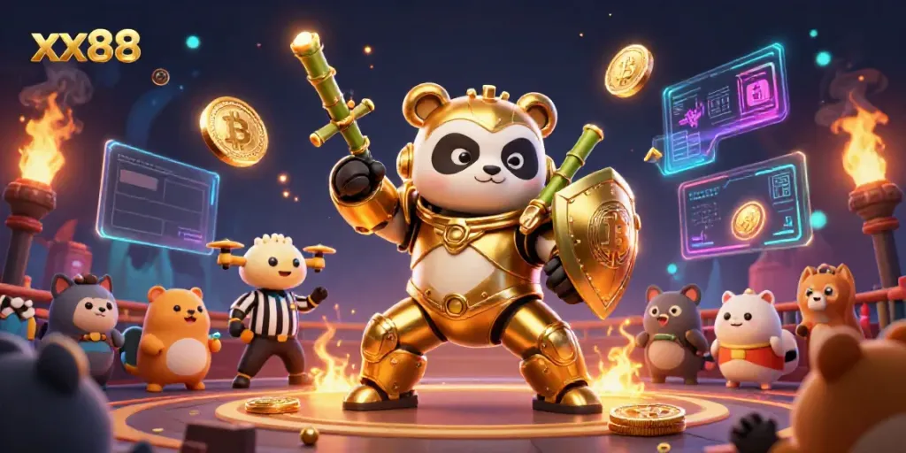 xx88 online casino experience with a mech-suit panda in a vibrant gambling arena