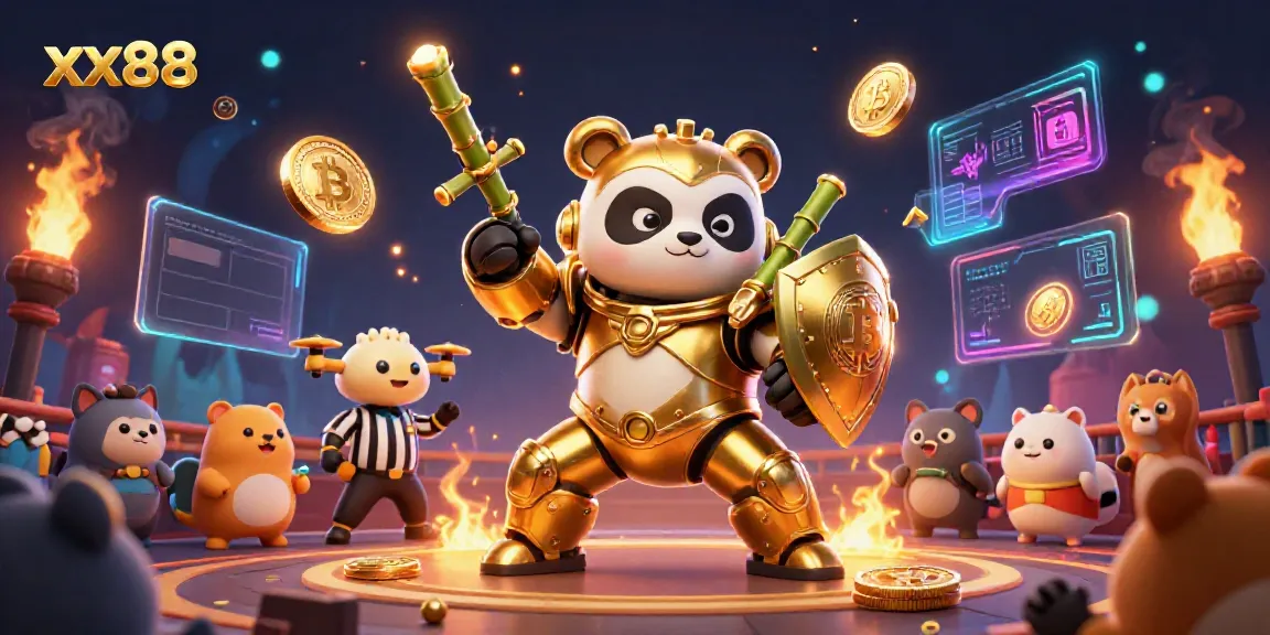 xx88 online casino experience with a mech-suit panda in a vibrant gambling arena