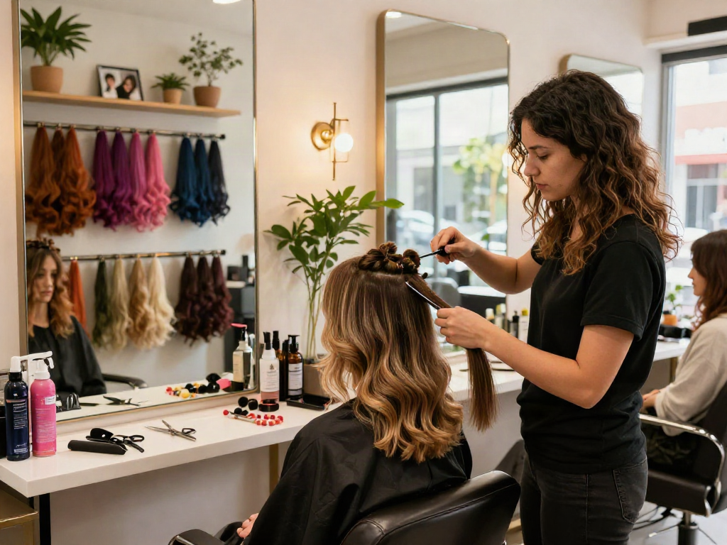 Feather crochet hair extensions being applied in a stylish salon setting, showcasing vibrant colors and professional tools.