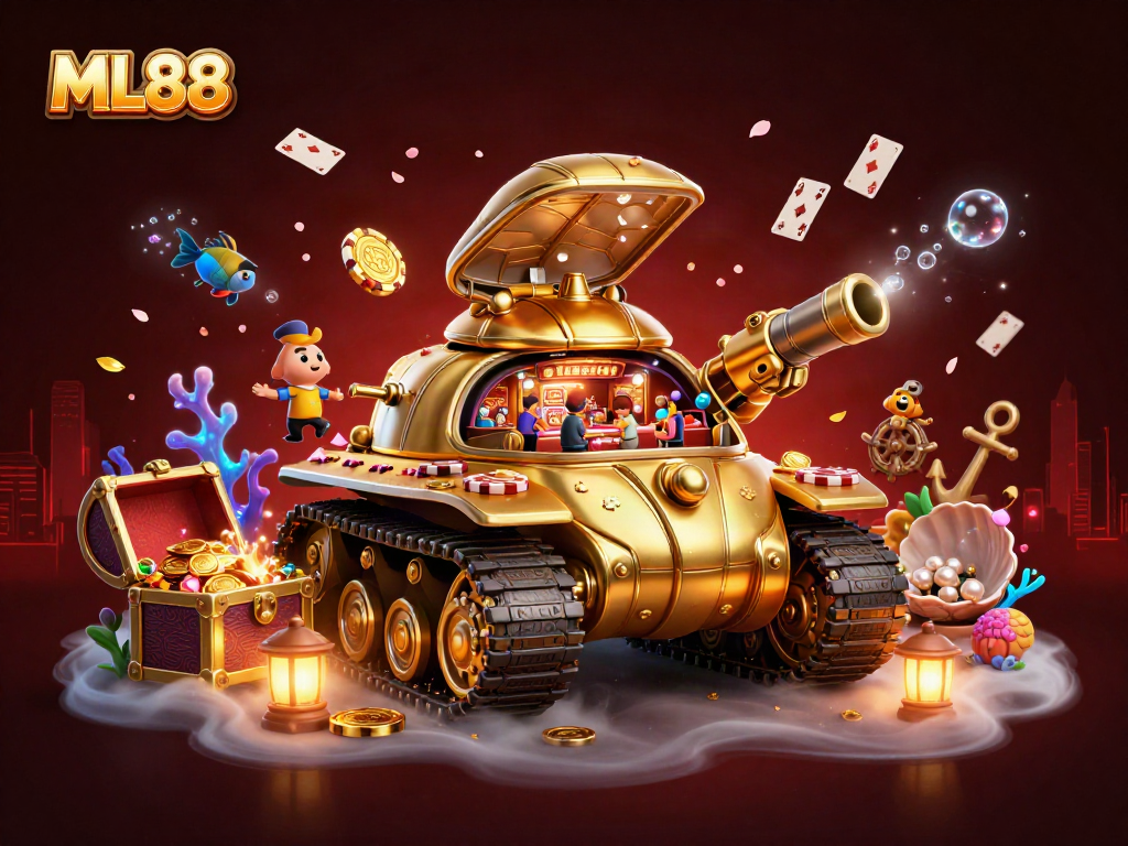 Experience the excitement of ML88, a dynamic casino world inside a golden beetle tank with vibrant gambling elements.
