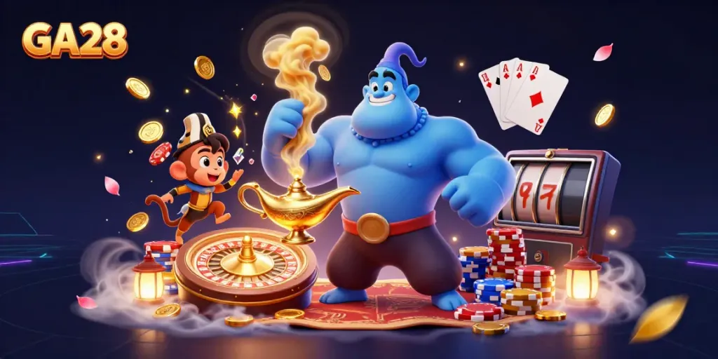 Experience thrilling moments at GA28 Casino with a vibrant cartoon-themed illustration showcasing casino games.