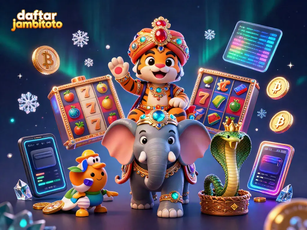 Experience the excitement of daftar jambitoto with a vibrant 3D illustration featuring a maharaja tiger, jewel-encrusted elephant, and slot machine elements.