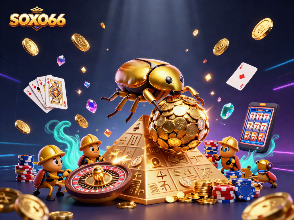 Experience exhilarating gameplay at SOXO66 with golden coins and casino action in a vibrant scene.