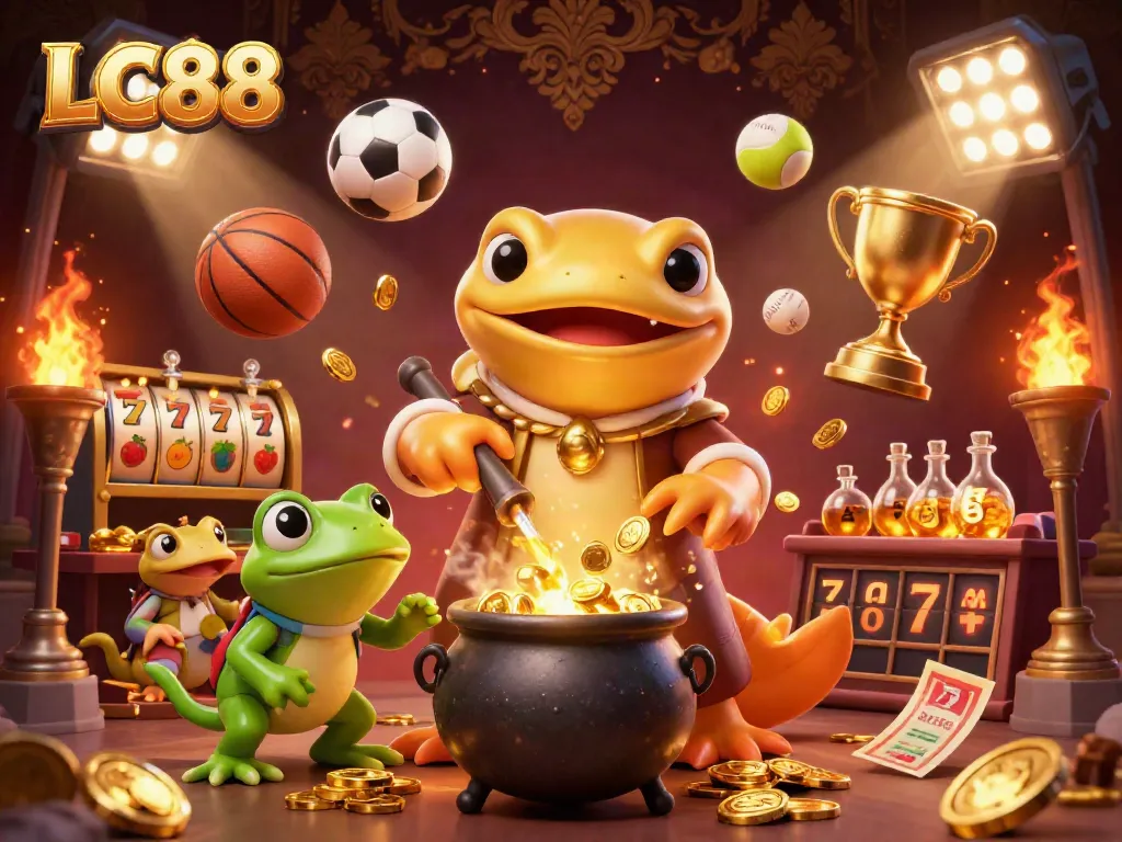Experience the magic of LC88 with golden alchemy and dynamic sports betting elements in a vibrant casino scene.