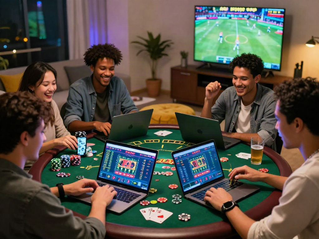 Group of friends enjoying Link M88 online casino experience at home