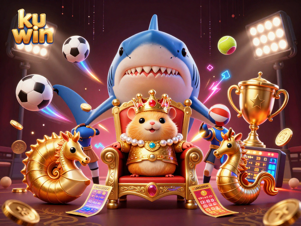 ku win captures excitement with a golden hamster king at a casino throne surrounded by dynamic gaming elements