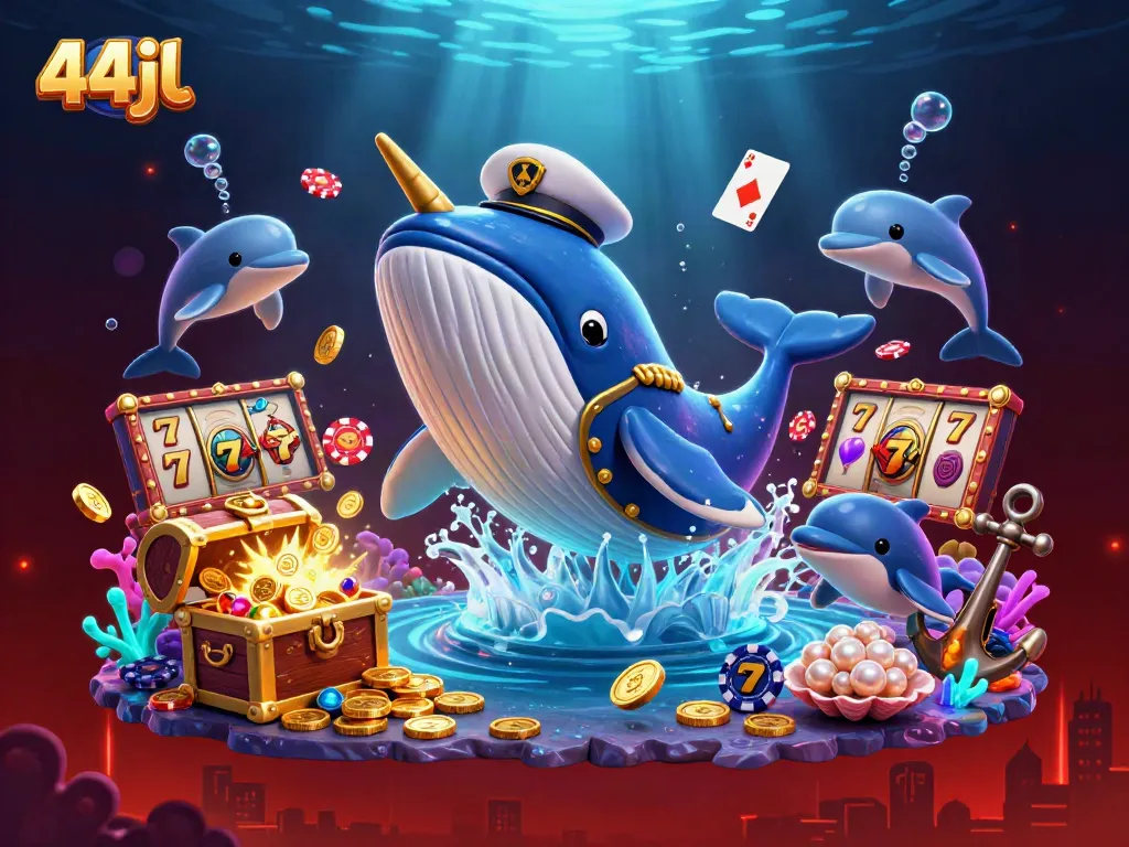Engage in thrilling casino action with 44jl's colorful underwater scene featuring a whale and playful dolphins.