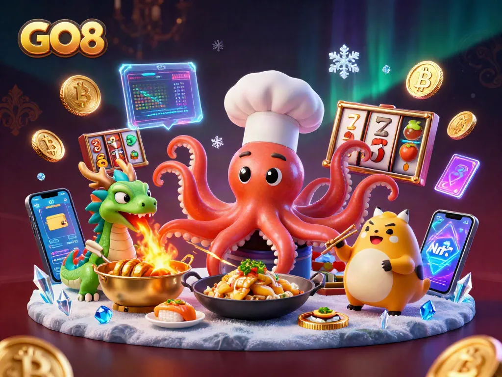 Engage in thrilling gaming with GO8's vibrant casino scene showcasing 3D characters and digital crypto elements.