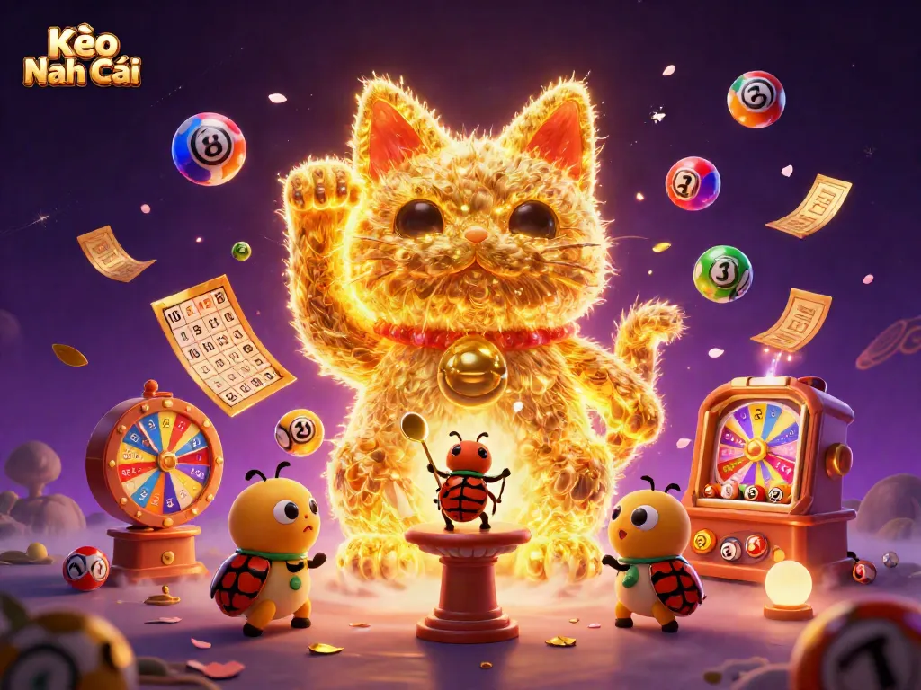 Kèo Nhà Cái showcases dynamic casino imagery with a lucky cat, vibrant lottery balls, and exciting visuals.