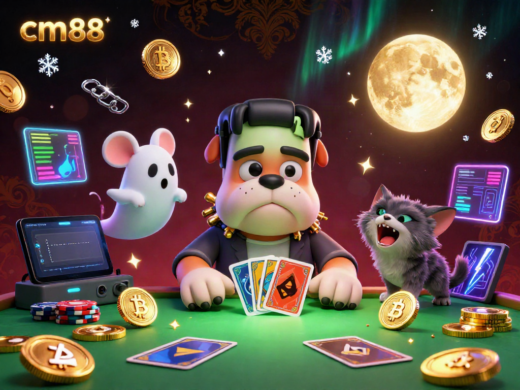 Engage with cm88 at a spooky casino table featuring a Frankenstein bulldog dealer, ghost mouse, and werewolf kitten.