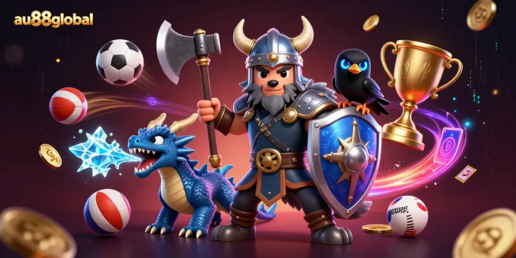 Experience thrilling gaming action with au88global's captivating 3D illustration of a Viking wolf warrior, dragon, and raven amidst dynamic sports-themed elements.