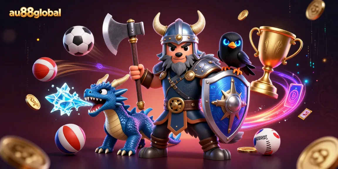 Experience thrilling gaming action with au88global's captivating 3D illustration of a Viking wolf warrior, dragon, and raven amidst dynamic sports-themed elements.