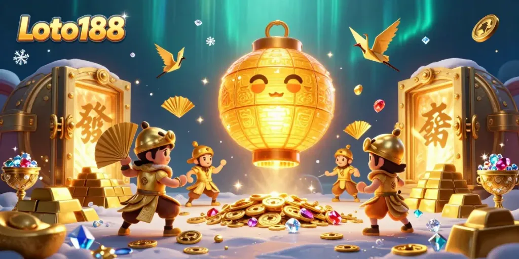 Experience Loto188's vibrant casino scene with golden lantern spirits, treasure, and dynamic game elements.