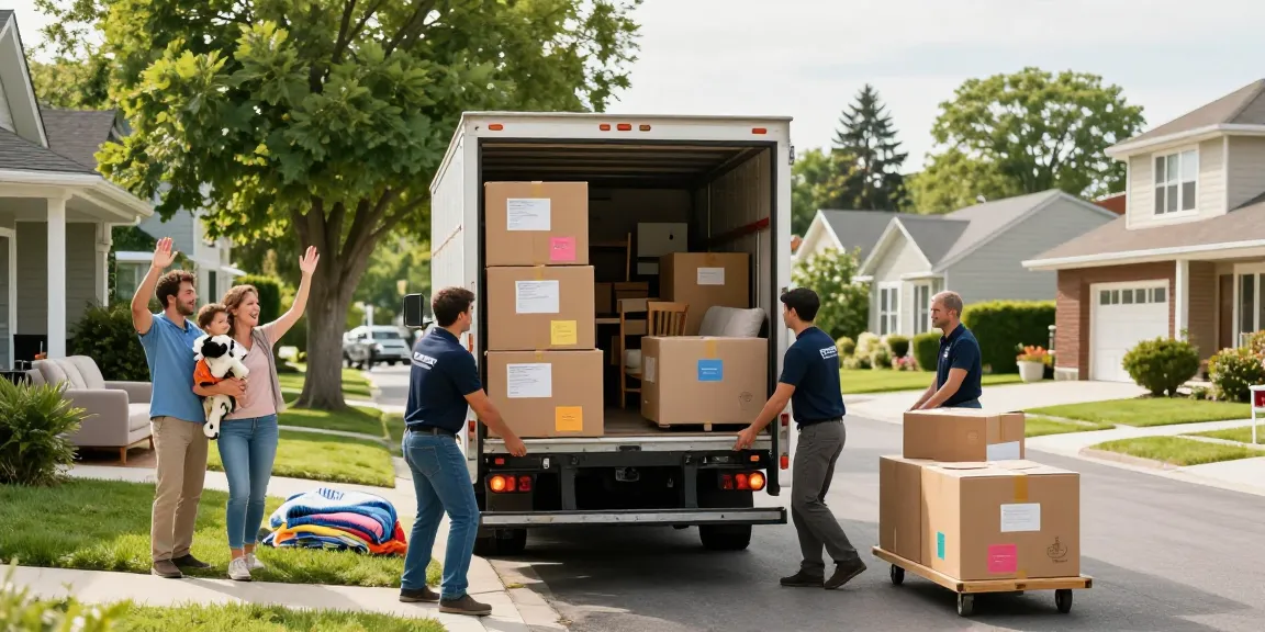 Moving Company team loaded truck with family waving goodbye in sunny neighborhood.