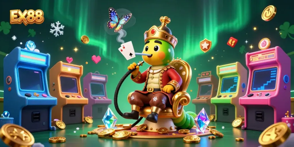 Experience the thrill of EX88 with a vibrant 3D casino illustration showcasing dynamic game elements and characters.