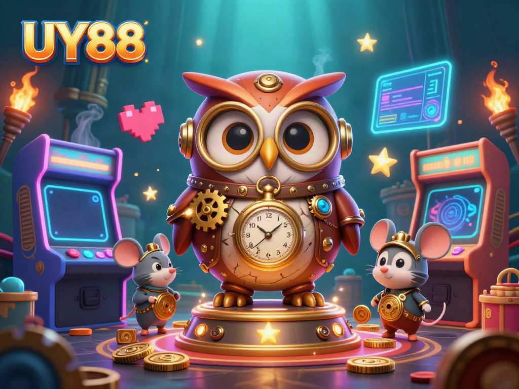 Experience the thrill of UY88 in this 3D cartoon scene filled with casino elements, a time-traveler owl, and vibrant arcade games.