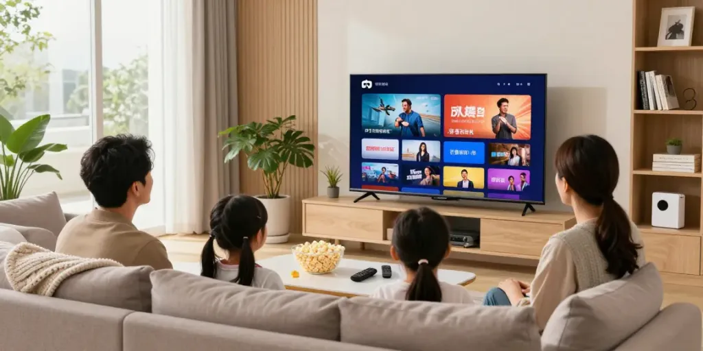 Family enjoying IPTV service together in a cozy living room.