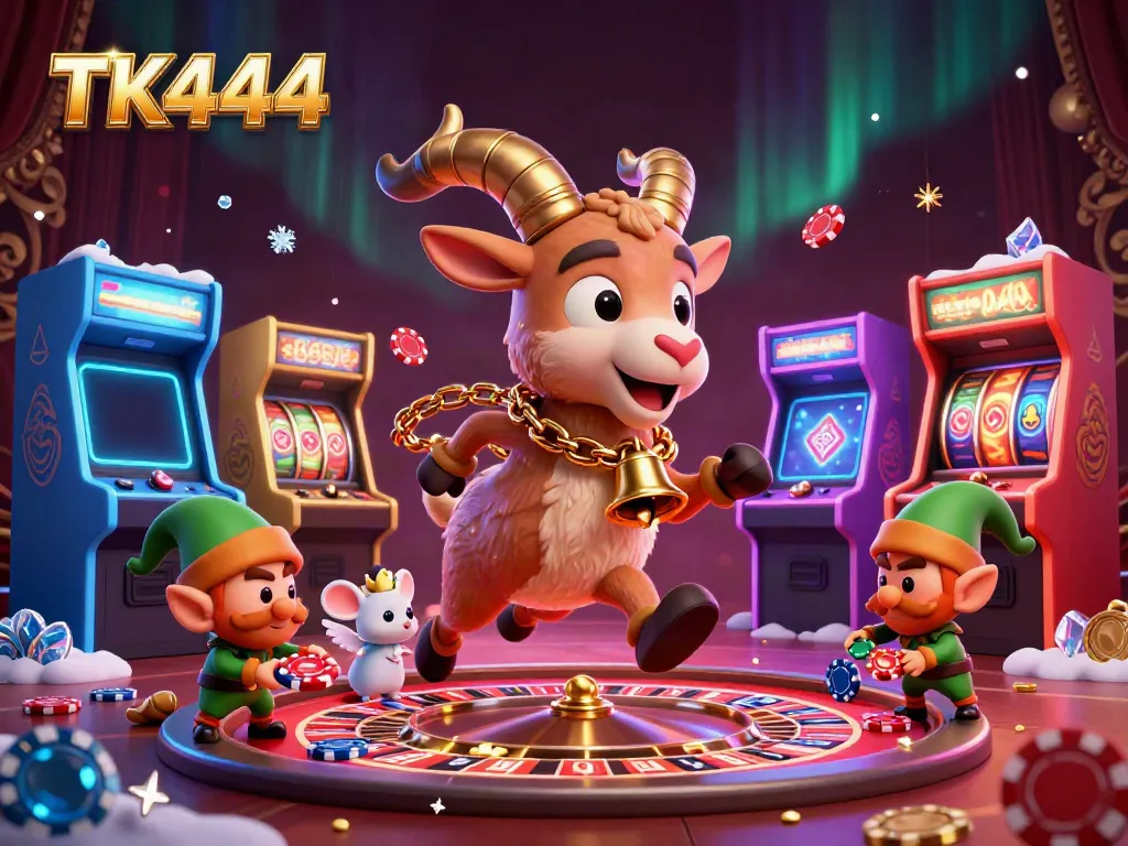 TK444 showcases Krampus and angel characters managing a vibrant casino filled with games and festive elements.
