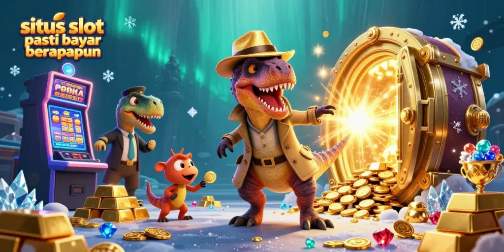 Experience thrill with situs slot pasti bayar berapapun as a velociraptor card counter in a bustling casino scene.