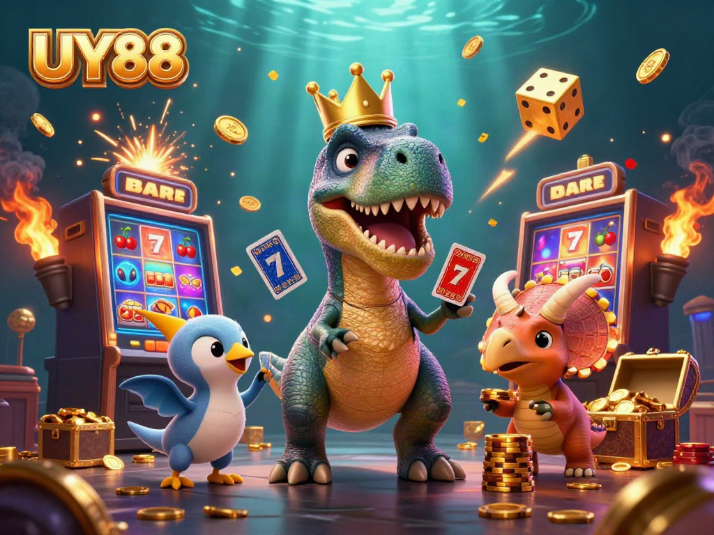 Experience excitement at UY88 with a playful T-Rex shuffling cards amidst slot machines and gold coins.