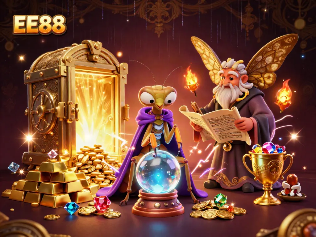 EE88 fortune teller and moth librarian surround golden treasures in a mystical casino scene.