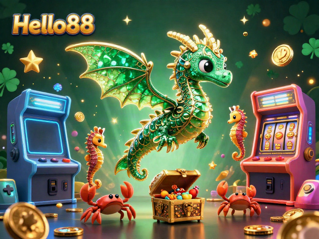 Experience the excitement of Hello88 with stunning casino elements like slot reels and treasure chests.