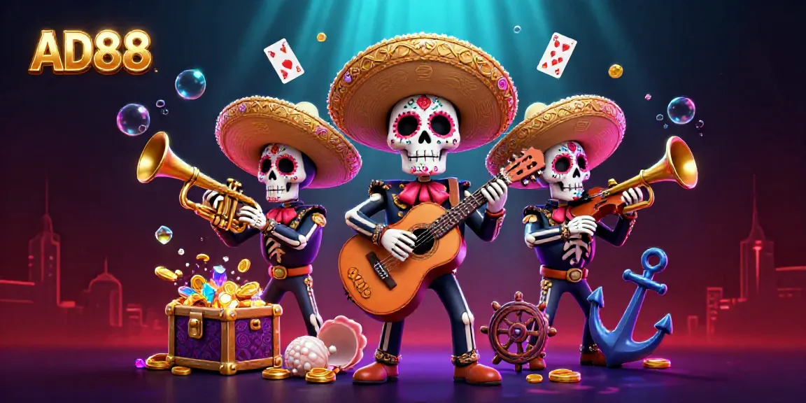 Experience the thrill of AD88's gaming universe with vibrant cartoon skeletons and dynamic elements.