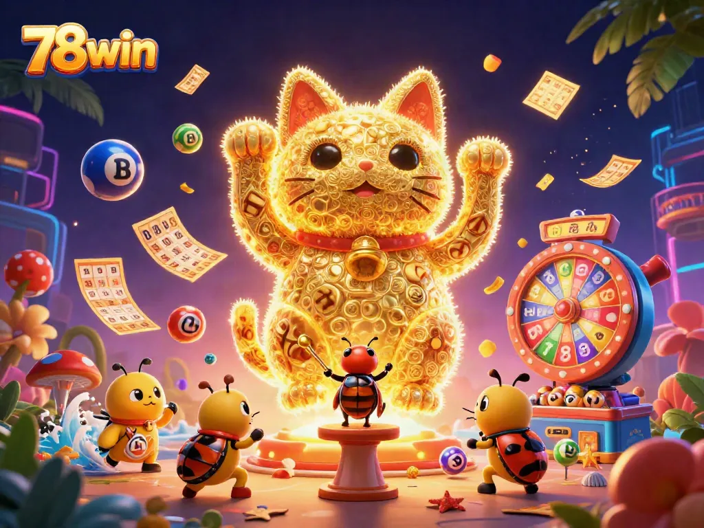 Engage with 78win's vibrant casino experience featuring a giant lucky cat and dynamic gaming elements.