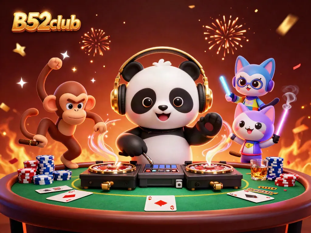 Experience the vibrant energy at B52club with a DJ panda, dancing monkey, and glowing kitten in this festive casino scene.