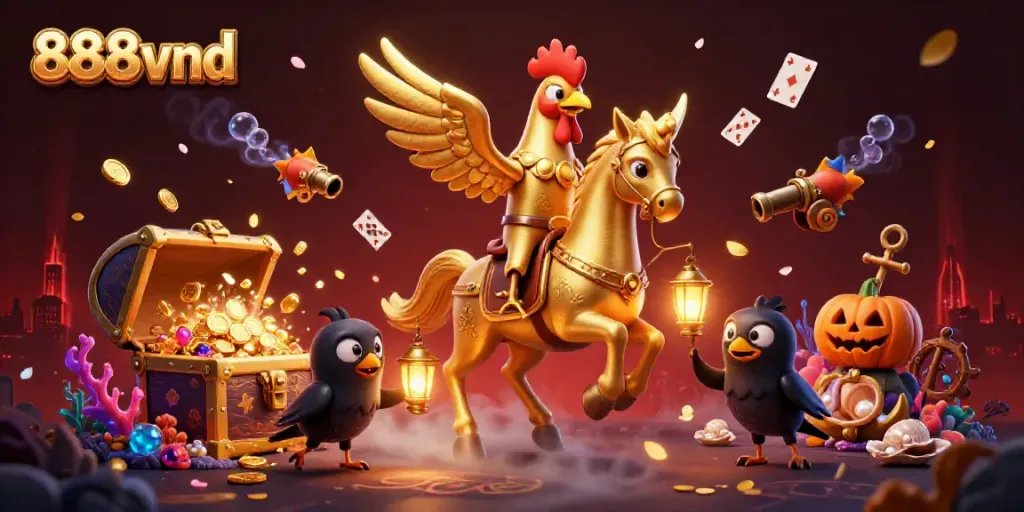 Win big at 888vnd with this vibrant casino scene featuring a golden rooster and treasure