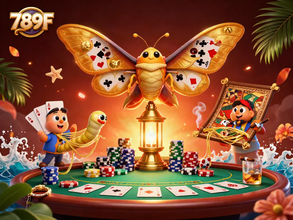 Experience the thrill of 789F with a dynamic casino scene featuring a stunning moth and poker elements.