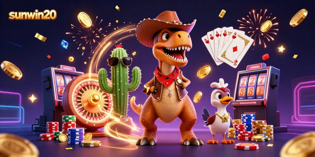 Engage in thrilling gameplay with sunwin20, showcasing a cartoon dinosaur, coins, and casino elements.