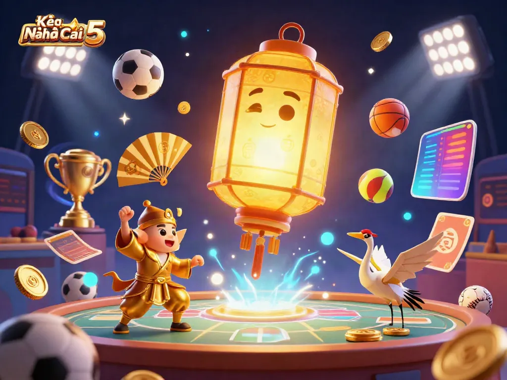 Kèo Nhà Cái 5 illuminates the dynamic sports betting scene surrounded by golden lantern spirits and betting slips.