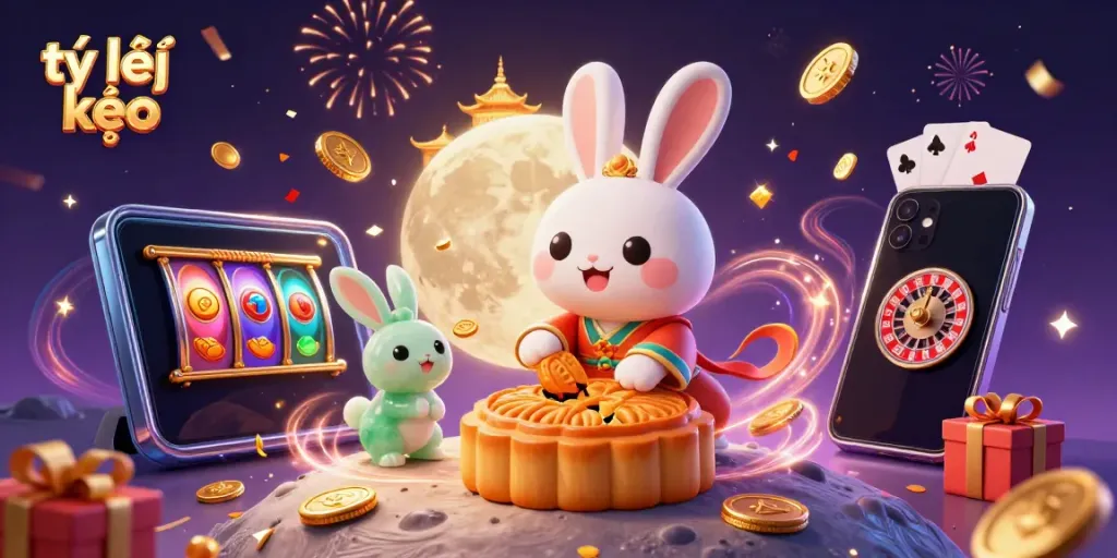 Engage with tỷ lệ kèo in this vibrant scene of a moon rabbit revealing poker chips from mooncakes amidst festive casino elements.