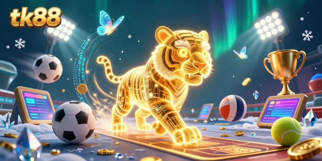 Engage in thrilling gameplay at tk88 casino with a vibrant digital scene featuring a glowing tiger.