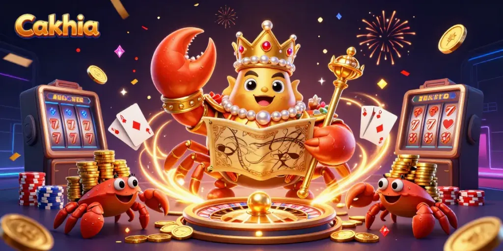 Engage with Cakhia's thrilling golden crab emperor and vibrant gambling elements in action-packed illustration.