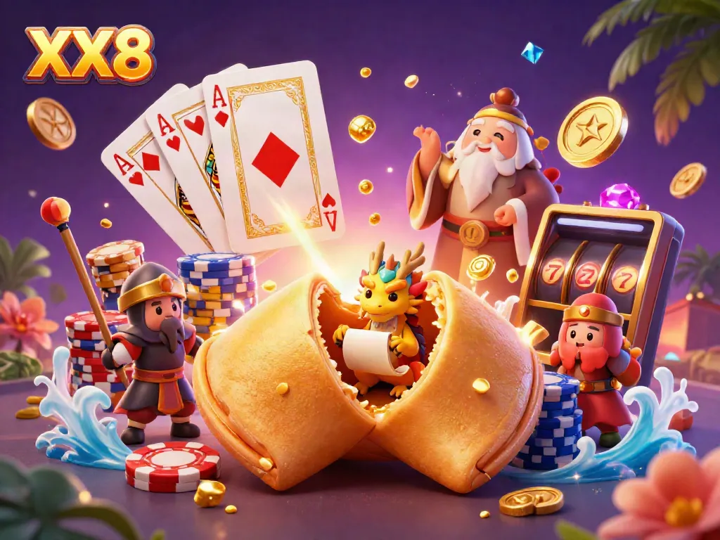 Experience the excitement of XX 8 with a vibrant illustration featuring gold fortune cookies, coins, and playful dragon characters.
