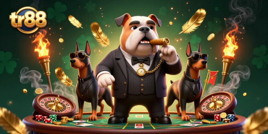 Experience the thrilling action of tr88 casino with a bulldog boss and his bodyguards in a high-stakes scene.