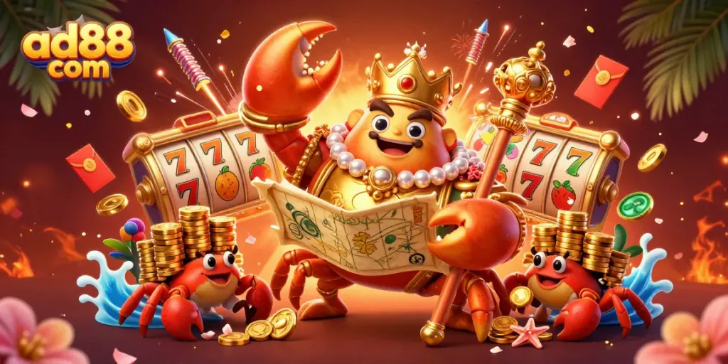 Spin the reels at ad88 com with the golden crab emperor surrounded by treasures.