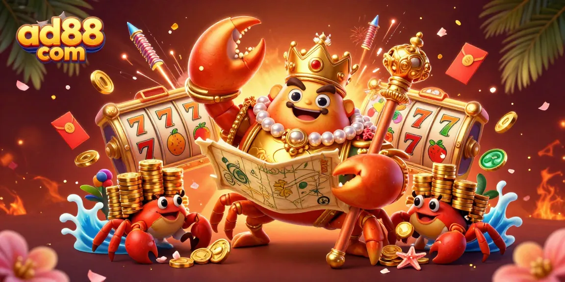 Spin the reels at ad88 com with the golden crab emperor surrounded by treasures.