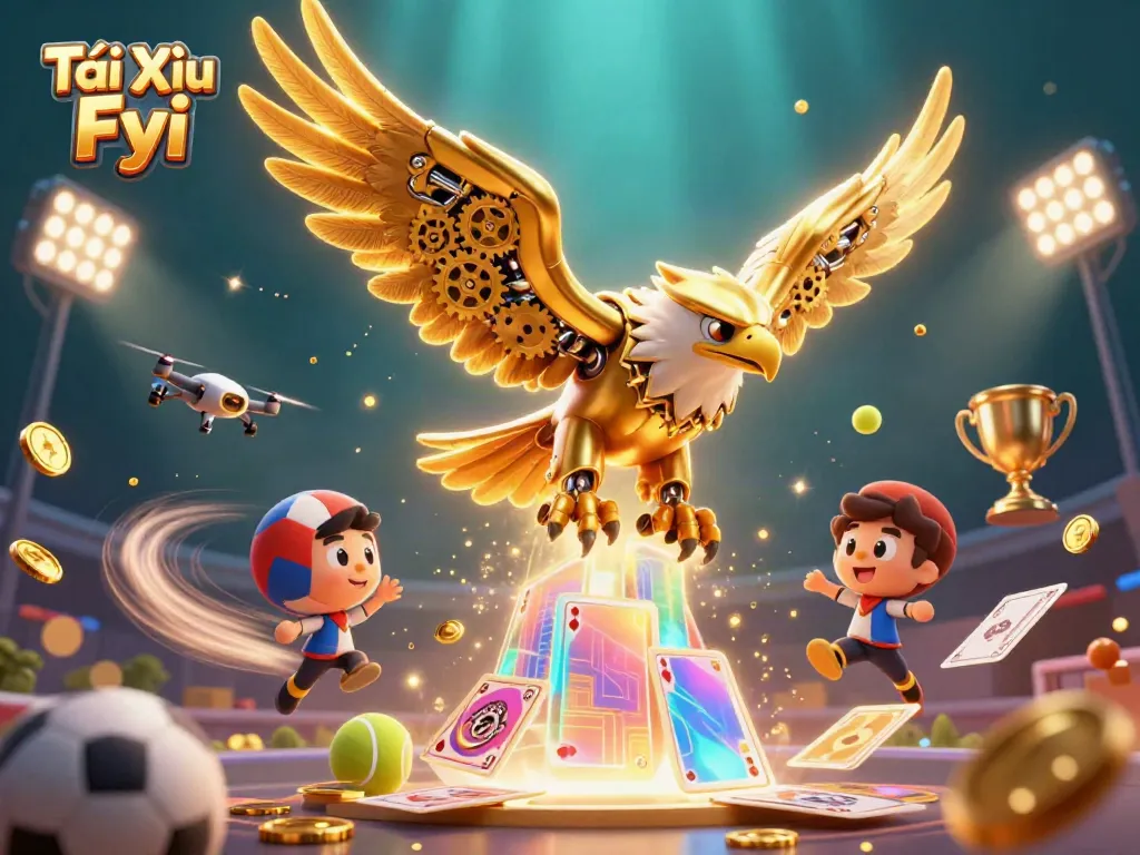 Tài Xỉu Fyi showcases a cybernetic eagle diving through holographic cards amidst dynamic sports elements.